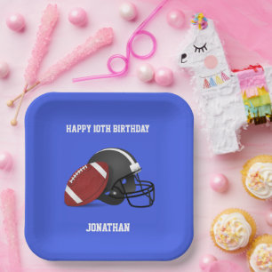 Football and Helmet Custom Blue Birthday Paper Plate
