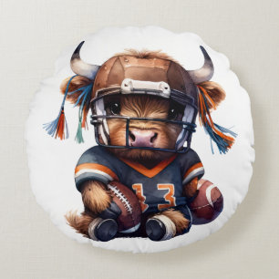 Football And Highland Cows Round Pillow