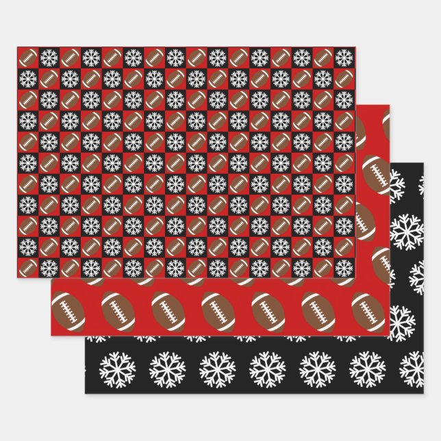 Football and Snowflake Red and Black Christmas Wrapping Paper Sheet (Set)