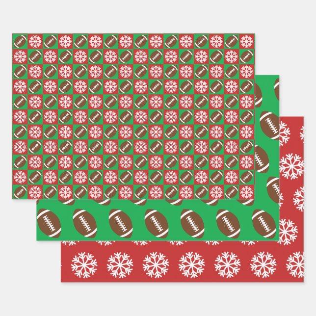 Football and Snowflake Red and Green Christmas  Wrapping Paper Sheet (Set)