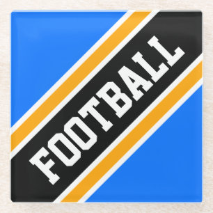 FOOTBALL Athletic Bright Blue Black Slant Stripes Glass Coaster