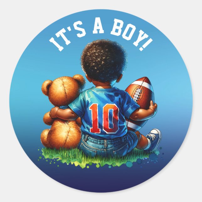 Football Baby Boy and Teddy Baby Shower It's a Boy Classic Round Sticker (Front)