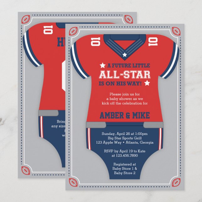 Football Baby Shower Invitation, Blue, Red, Grey Invitation (Front/Back)