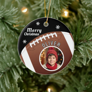 Football Ball Custom Name Merry Christmas Photo Ceramic Ornament