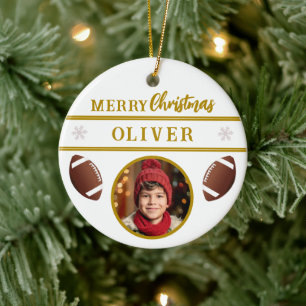 Football Ball Custom Name Merry Christmas Photo Ceramic Ornament