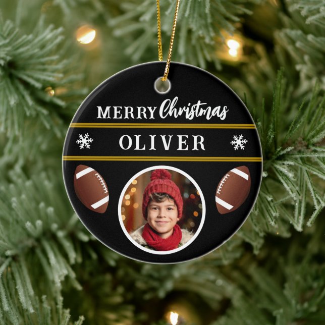 Football Ball Custom Name Merry Christmas Photo Ceramic Ornament (Tree)