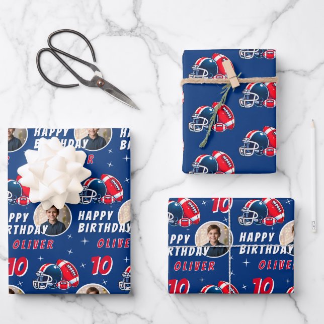 Football Ball Helmet Cartoon Photo Birthday Wrapping Paper Sheet (Front)