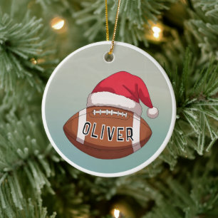 Football Ball with Red Santa Hat Name Christmas Ceramic Ornament