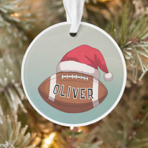 Football Ball with Red Santa Hat Name Christmas Ornament