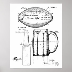 Football & Beer Mug, Bottle, Patent Blueprint Poster