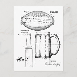 Football & Beer Mug, Bottle, Patent Blueprints Postcard