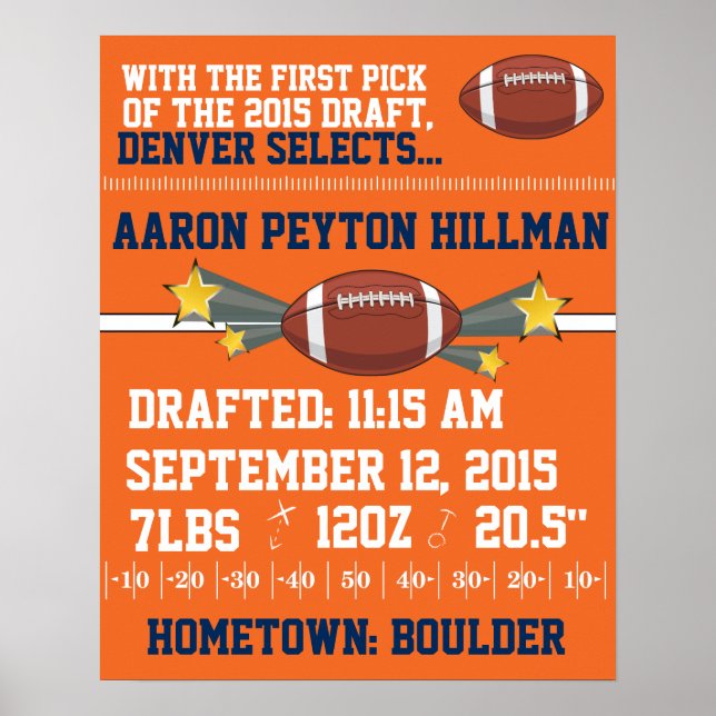 Football Birth Announcement - Orange & Blue Poster (Front)