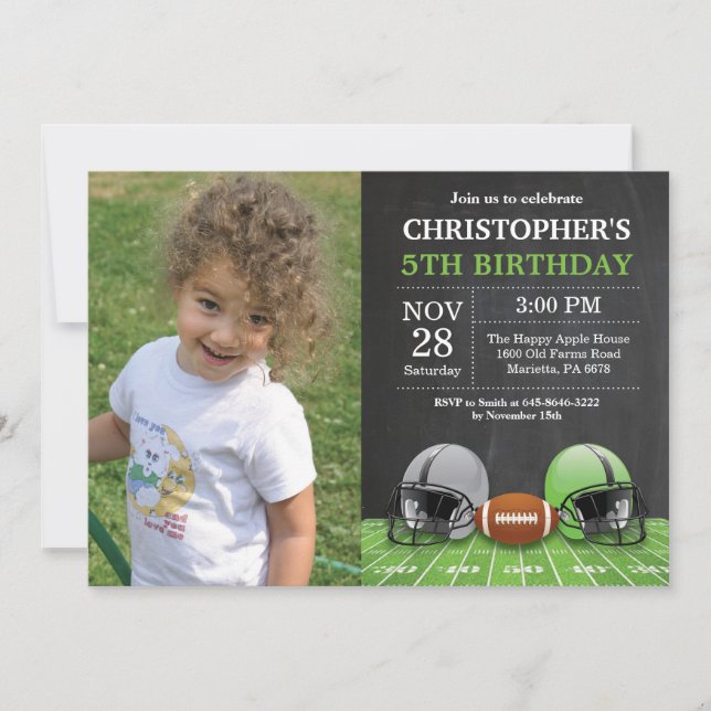 Football Birthday Invitation Birthday Party Green (Front)