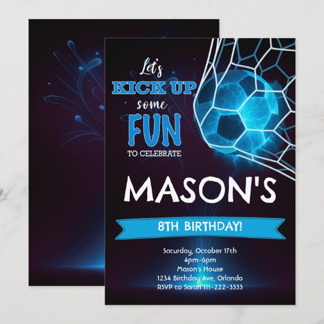 Football Blue Glow Invitation Anniversaire (Devant / Derrière)