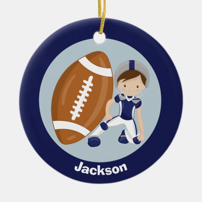 Football Boy Personalized Blue Kids Christmas Ceramic Ornament (Front)