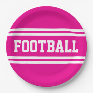 FOOTBALL Bright Athletic Pink White Racing Stripes Paper Plate
