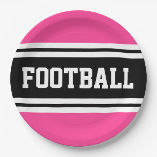 FOOTBALL Bright Pink Black White Racing Stripes Paper Plate