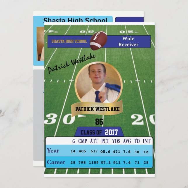 Football Card W/ Stats Grad Invitations - blue (Front/Back)