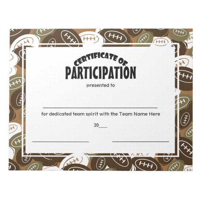 Football Certificates of Participation Notepad (Front)