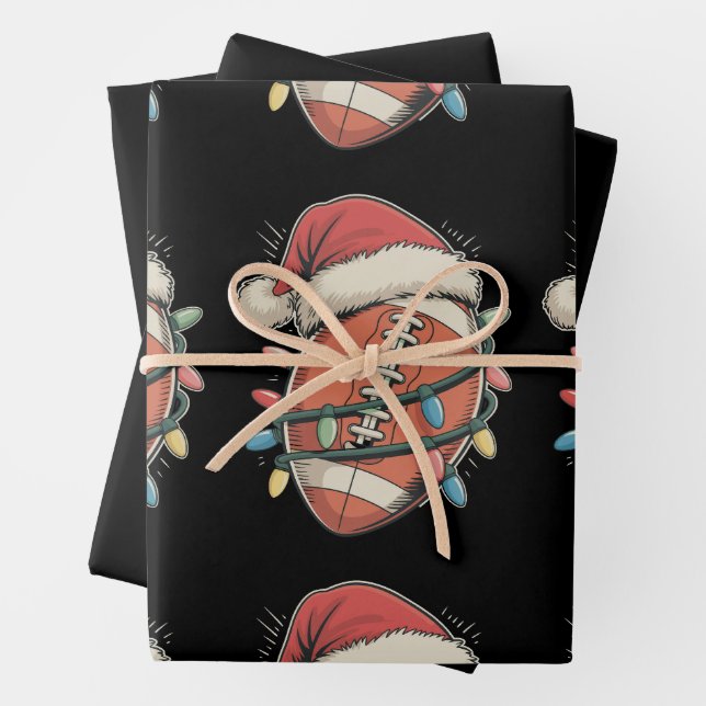 Football Christmas Santa Hat Holiday Sports Wrapping Paper Sheet (In situ)