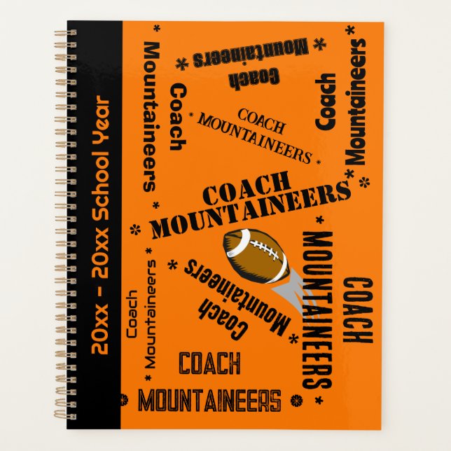 Football Coach Team Personalized Orange and Black Planner (Front)