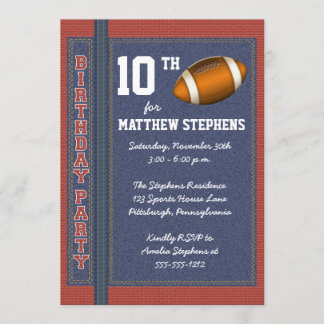 Football Denim Bricks Rustic Sports Birthday Party Invitation