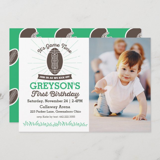 Football First Birthday Photo Invitation (Front/Back)