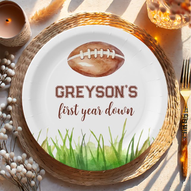 Football First Year Down 1st Birthday Party Paper Plate (Creator Uploaded)