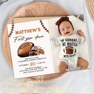 Football First Year Down 1st Birthday Photo Invitation