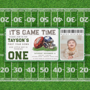 Football First Year Down 1st Birthday Photo Ticket Invitation