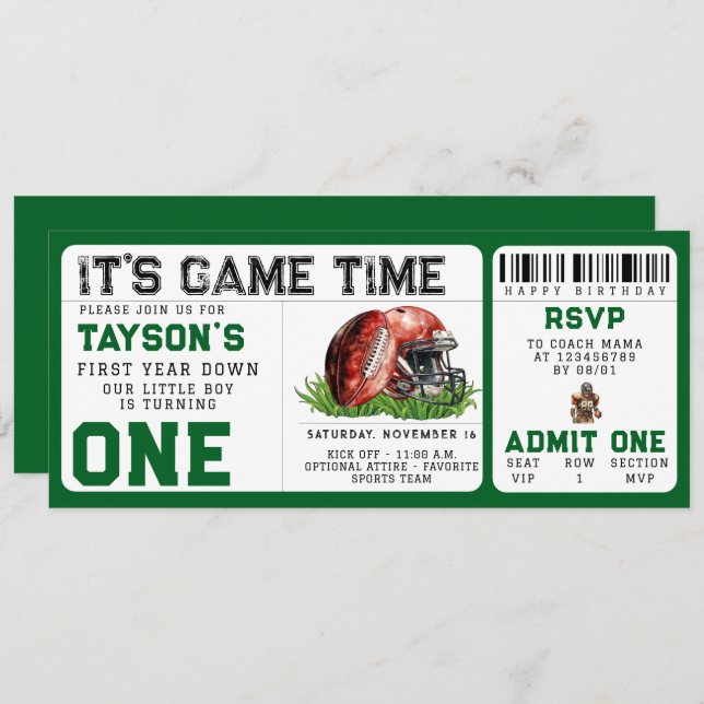 Football First Year Down 1st Birthday Ticket  Invitation (Front/Back)