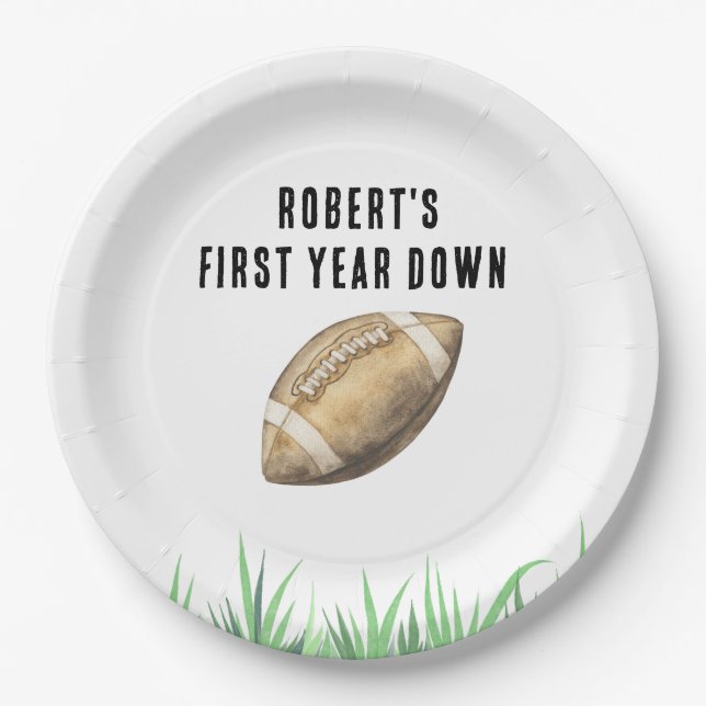 Football First Year Down Birthday Party Paper Plate (Front)