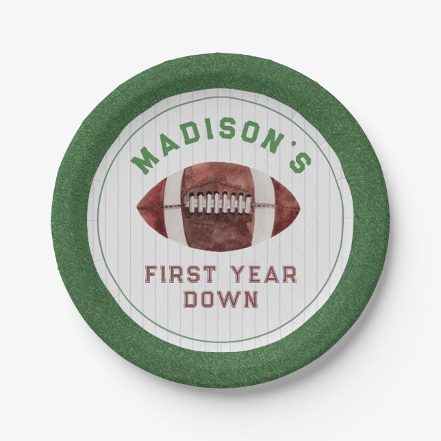 Football First Year Down Birthday Party Paper Plate (Front)