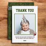 Football First Year Down Birthday Photo Thank You Card<br><div class="desc">Extend your heartfelt gratitude with our Personalized 'First Year Down' Football-Themed Birthday Thank You Cards—a perfect way to share the joy of the past year's journey. These cards go beyond appreciation; they're a heartfelt keepsake that captures the spirit of the game and the milestones achieved. Crafted with care, these thank...</div>