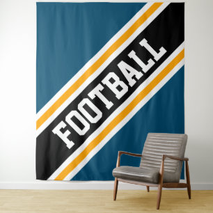 FOOTBALL Fun Bold Teal Blue Black Yellow Stripes Tapestry