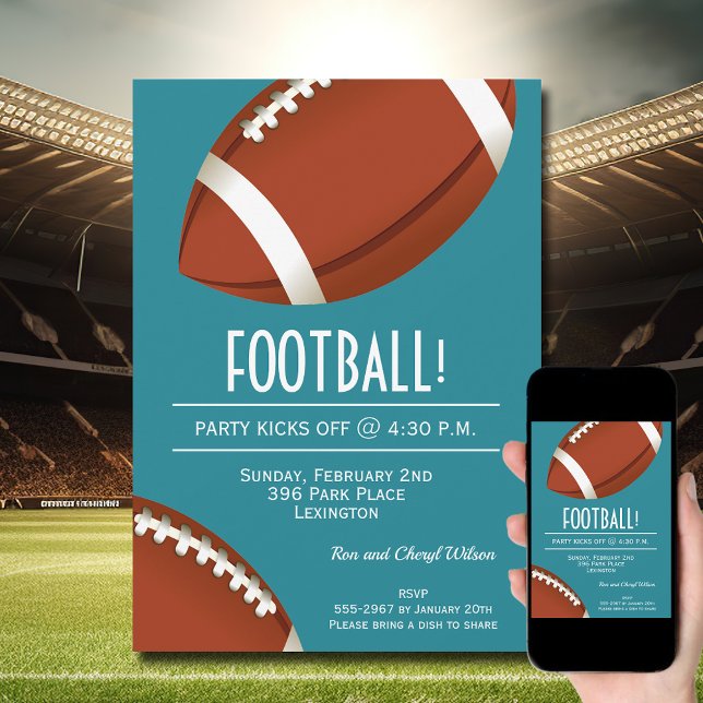 Football Game Day Aqua Invitation (Order INSTANT DOWNLOAD to send digitally or PRINTED cards to mail or both!
)