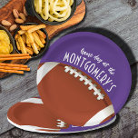 Football Game Day Purple Paper Plate<br><div class="desc">Customizable paper plates in 2 SIZES - 9" and 7" feature an American football on purple and the words "It's Game Day!" along with your name. MORE colours and matching items in our store.</div>