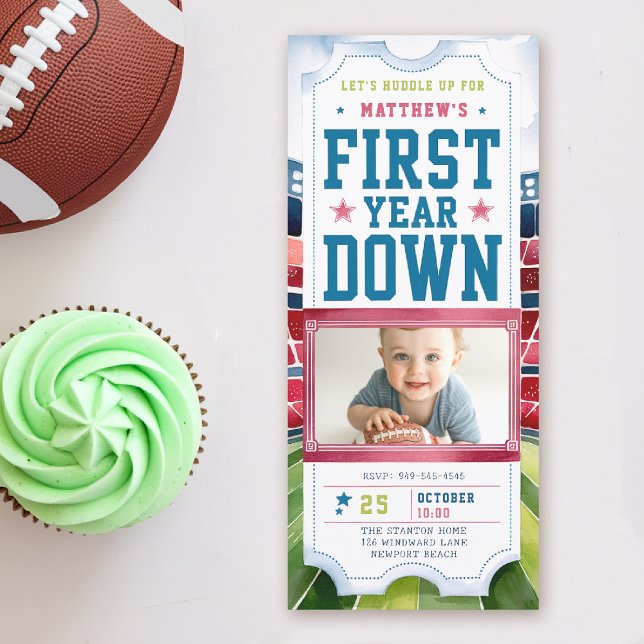 Football Game Ticket Photo 1st Birthday Invitation (first year down football birthday invitation photo watercolor sports ticket boy blue red green)