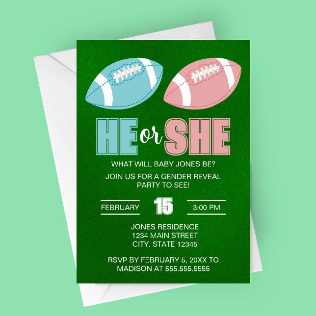 Football Gender Reveal Invitation (He or She Football Theme Gender Reveal Party Invitation with Pink and Blue Footballs)