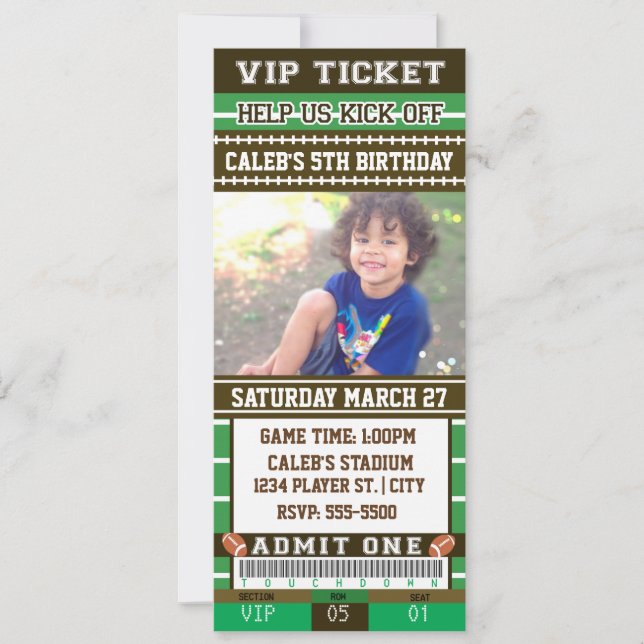 FOOTBALL Green & Brown PHOTO TICKET Invitation (Devant)