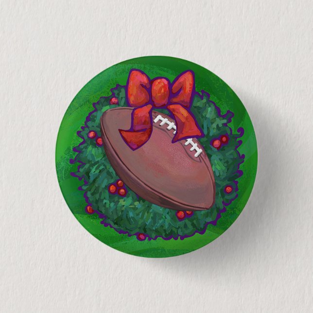Football in Christmas Wreath on Green 1 Inch Round Button (Front)