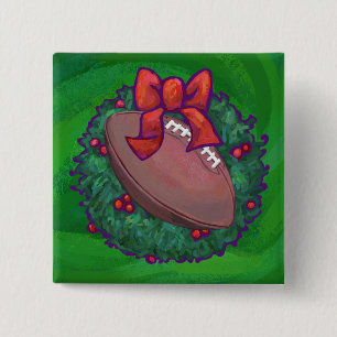 Football in Christmas Wreath on Green 2 Inch Square Button