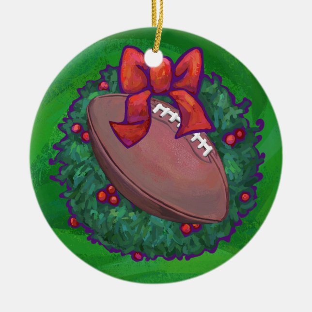 Football in Christmas Wreath on Green Ceramic Ornament (Front)