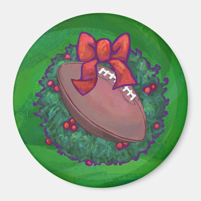 Football in Christmas Wreath on Green Magnet (Front)