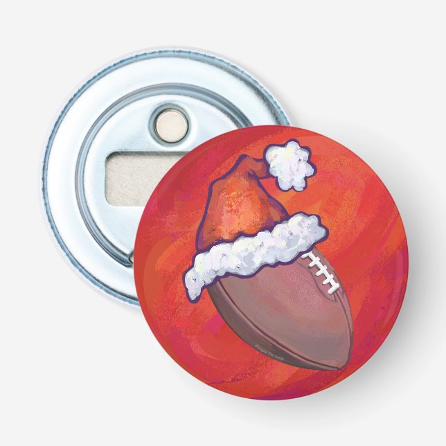 Football in Santa Hat on Red Bottle Opener (Front)
