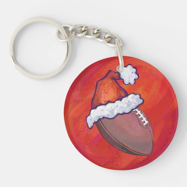 Football in Santa Hat on Red Keychain (Front)
