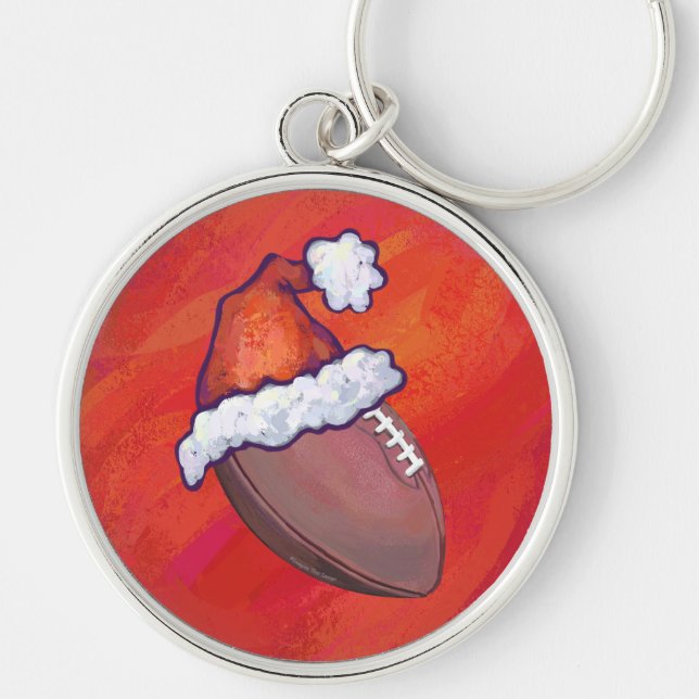 Football in Santa Hat on Red Keychain (Front)