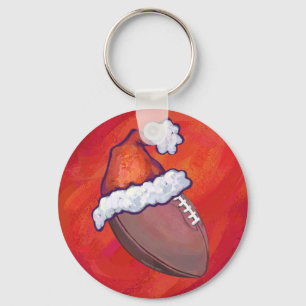 Football in Santa Hat on Red Keychain
