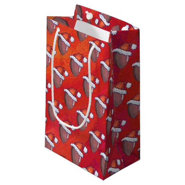 Football in Santa Hat on Red Small Gift Bag (Front Angled)