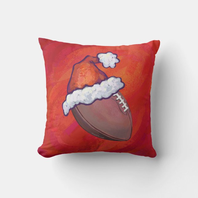 Football in Santa Hat on Red Throw Pillow (Front)